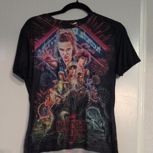 Stranger Things Shirt Black Graphic T-Shirt with Colorful Design